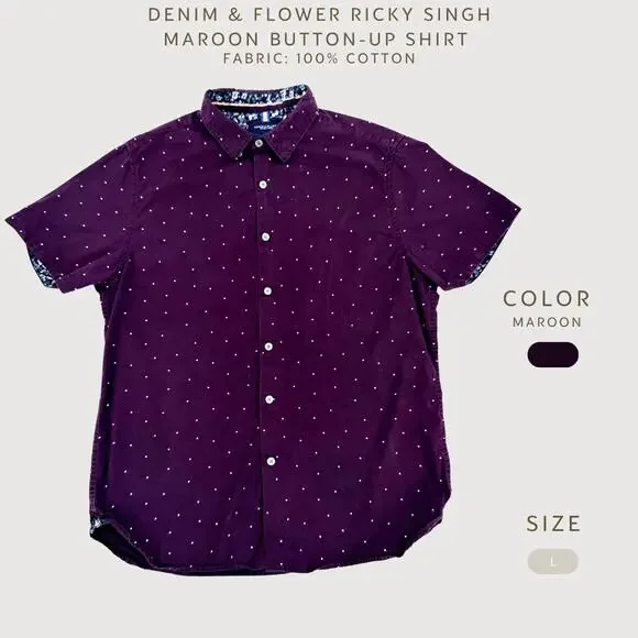 Denim & Flower Ricky Singh Button Shirt Maroon L - Picture 2 of 9